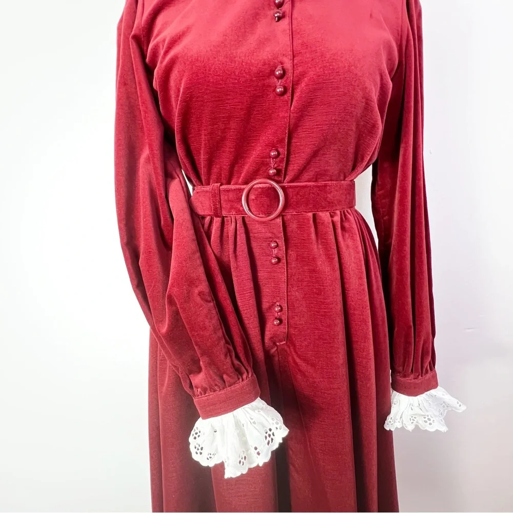 Vintage 70s/80s Jaeger Rust Red Cord Button Down Dress Lace Collar & Cuffs UK 10 - Picture 6 of 9